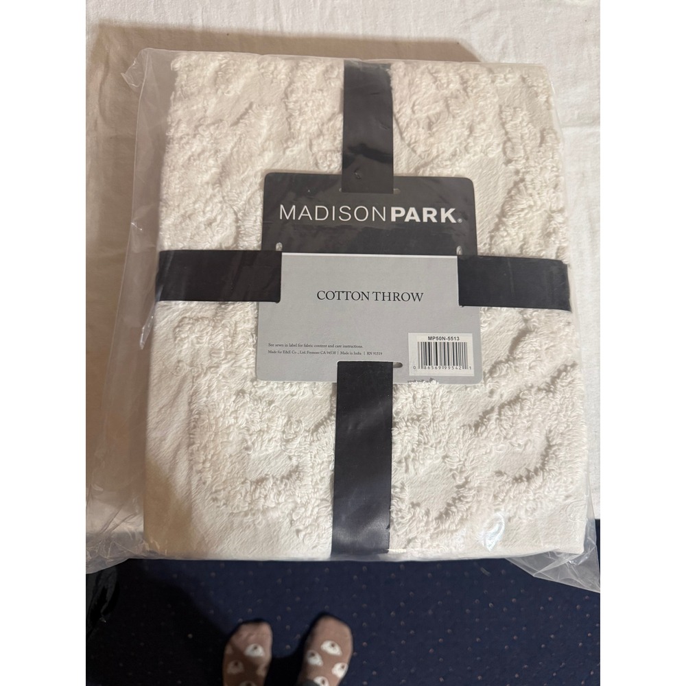 Madison Park Ivory Cotton Throw Blanket Tufted Chenille Floral NEW